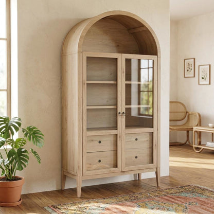 Wooden Arched Display Cabinet, Tall Curio with Storage, Light Oak