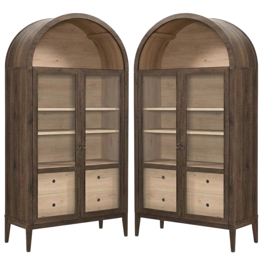Wooden Arched Display Cabinet, Tall Curio with Storage, Walnut Light Oak