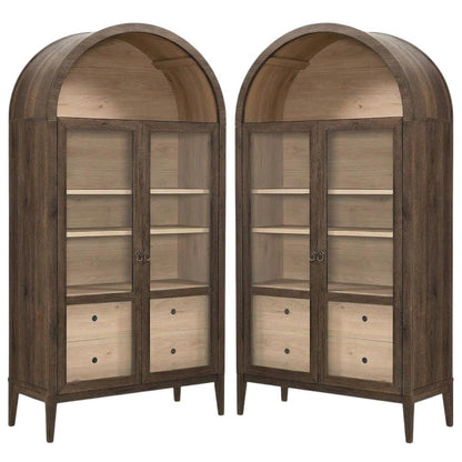 Wooden Arched Display Cabinet, Tall Curio with Storage, Walnut Light Oak