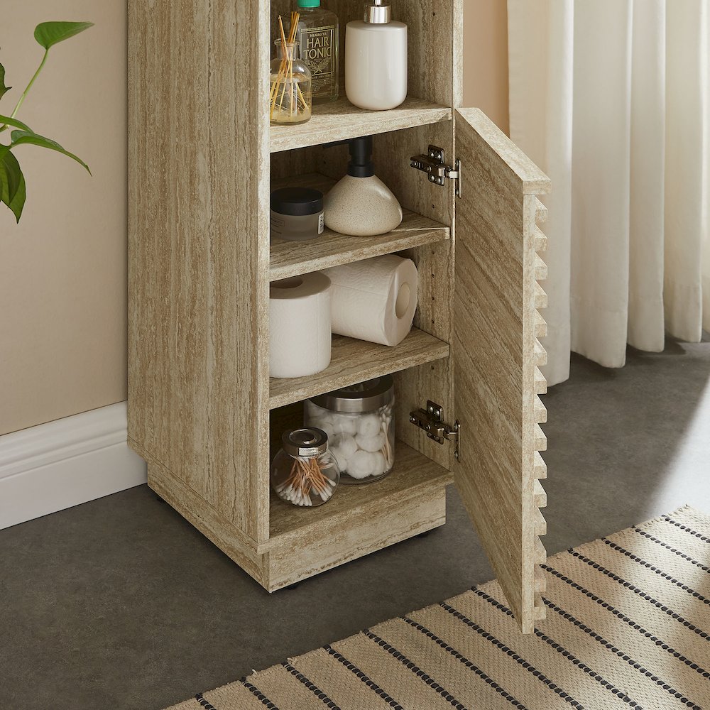 Render Tall Narrow Faux Travertine Linen Storage Cabinet