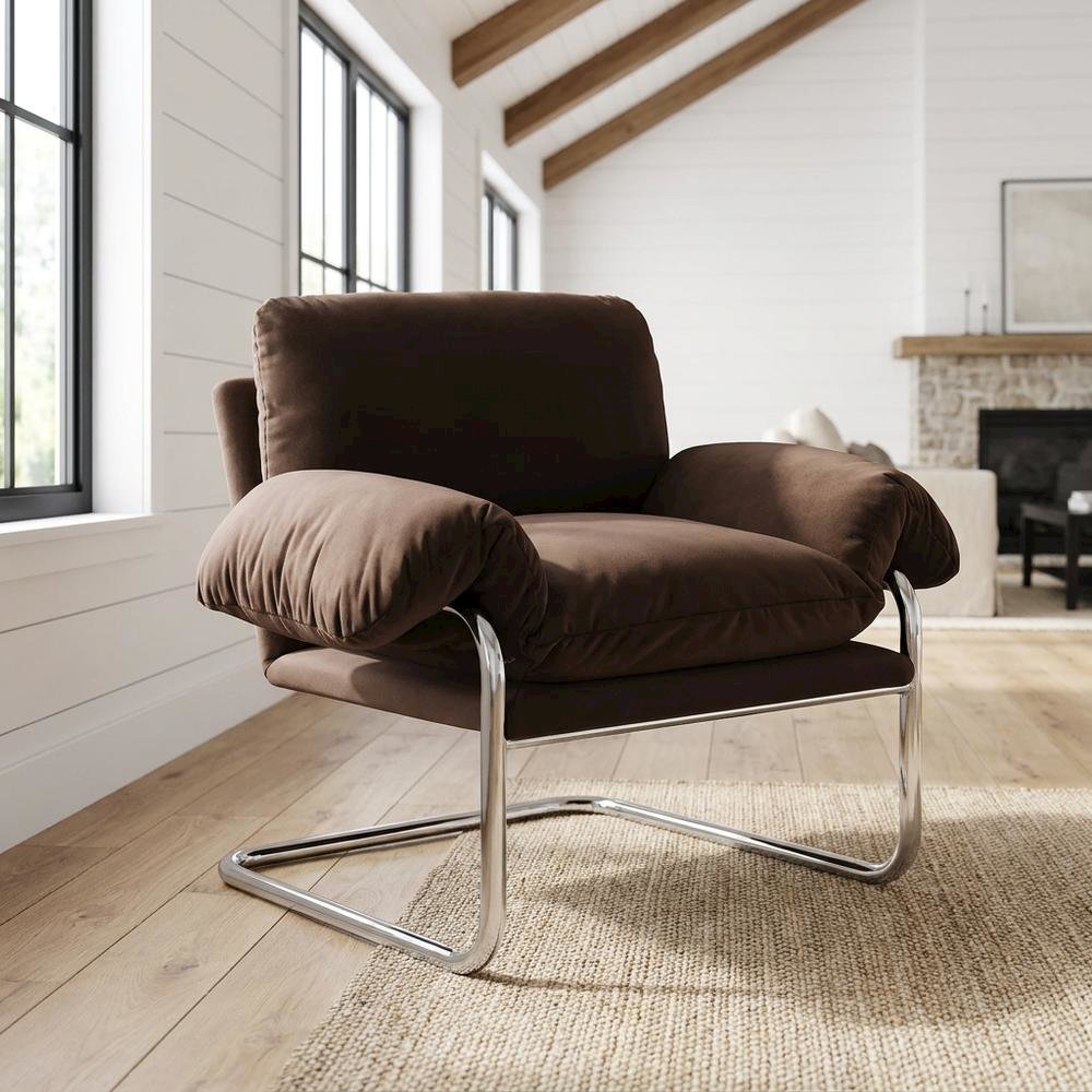 Performance Velvet Upholstered Accent Chair with Wide Arms, Chocolate Brown