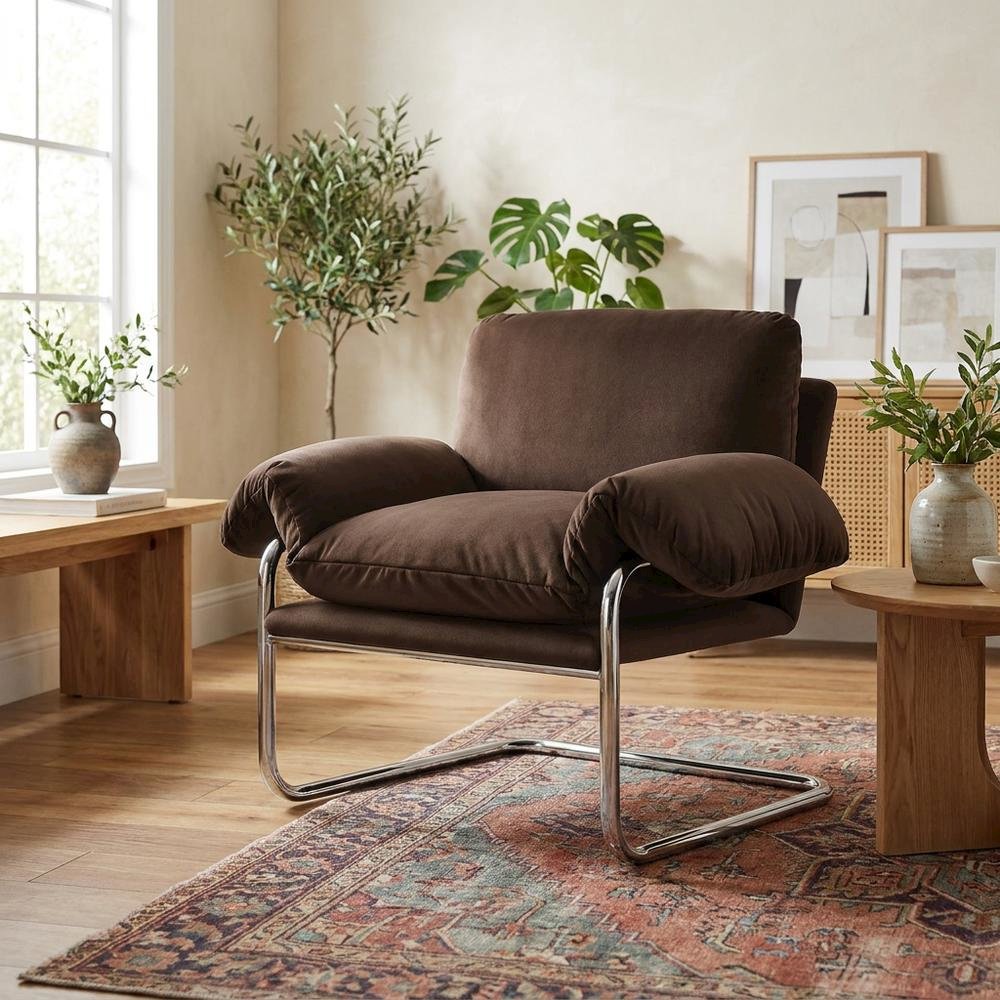 Performance Velvet Upholstered Accent Chair with Wide Arms, Chocolate Brown