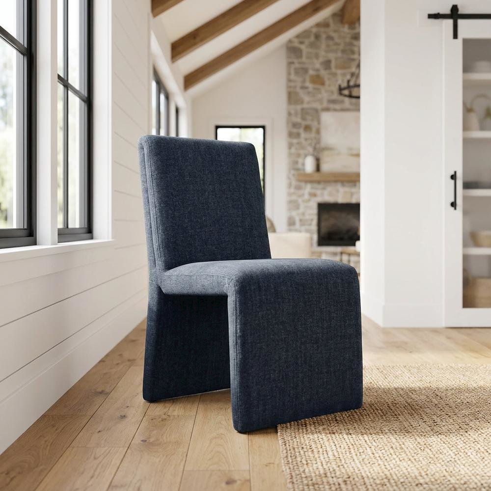 Wooden Upholstered Dining Side Chair with Cushioned Seat, Slate Blue