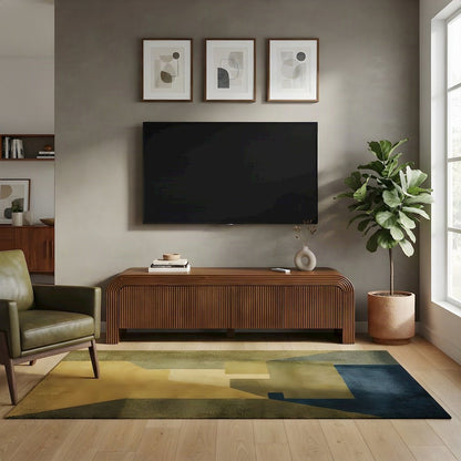 Mango Wood Fluted TV Stand, Mid-Century Modern Media Console, Walnut