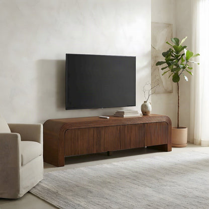 Mango Wood Fluted TV Stand, Mid-Century Modern Media Console, Walnut