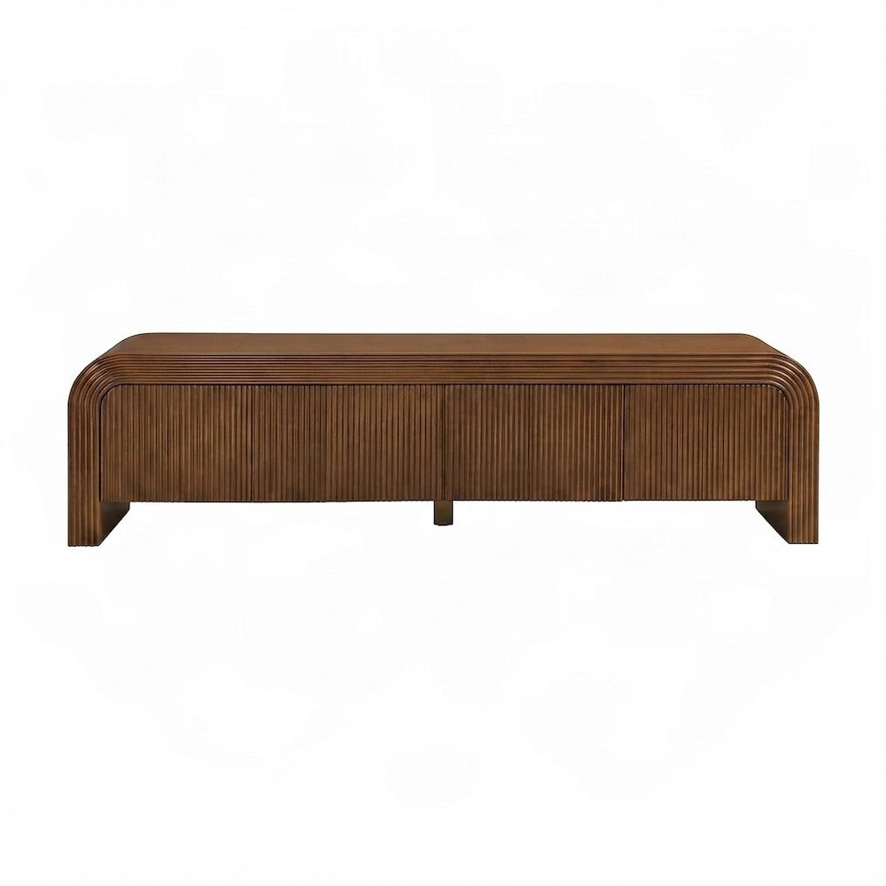Mango Wood Fluted TV Stand, Mid-Century Modern Media Console, Walnut