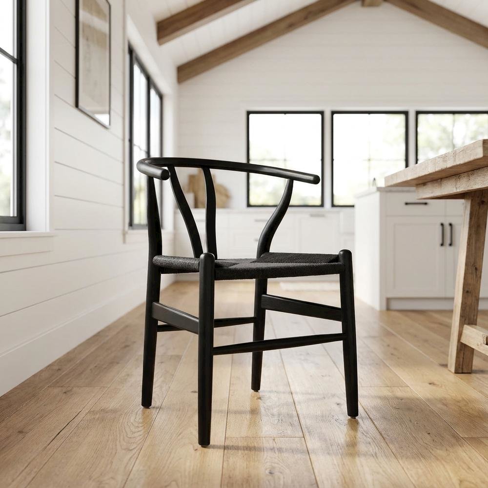 Wood Dining Chair with Slatted Backrest for Kitchen and Dining Room, Black Black