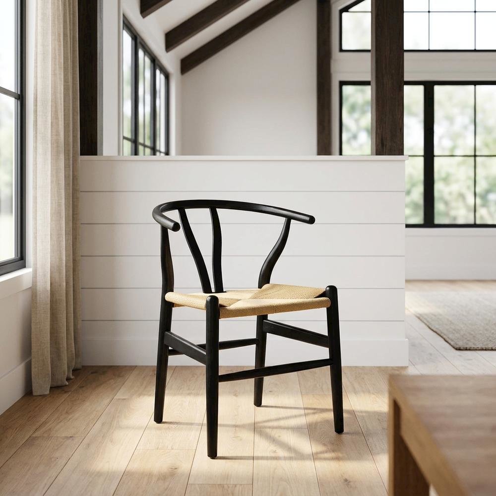 Wood Dining Chair with Slatted Backrest for Kitchen and Dining Room, Black