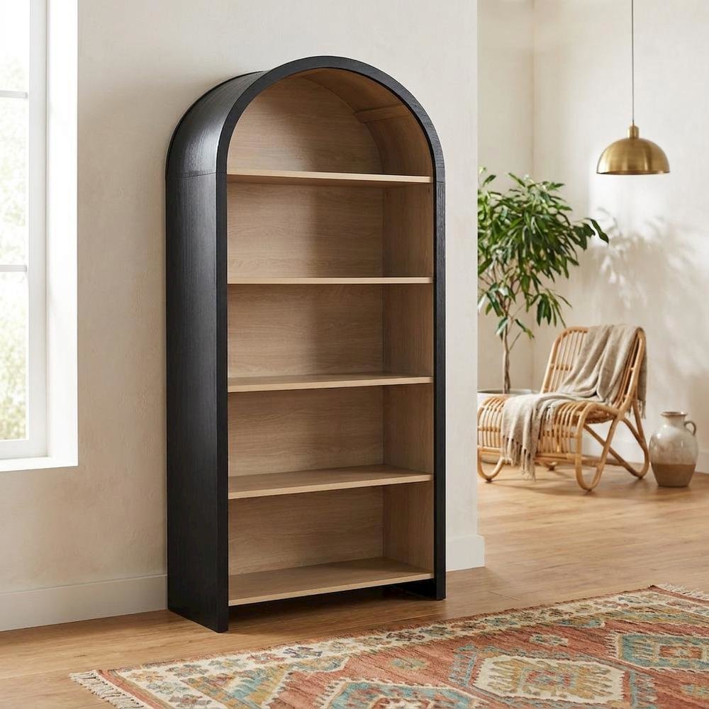 Arched Wide Bookcase Display Cabinet with Wooden Finish Storage Cabinet, Black