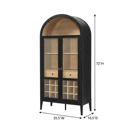 Wooden Tall Bar Cabinet with Arched Doors and Liquor Storage, Black Oak