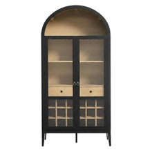 Wooden Tall Bar Cabinet with Arched Doors and Liquor Storage, Black Oak