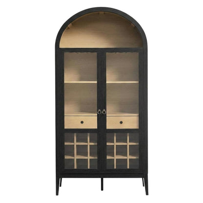 Wooden Tall Bar Cabinet with Arched Doors and Liquor Storage, Black Oak