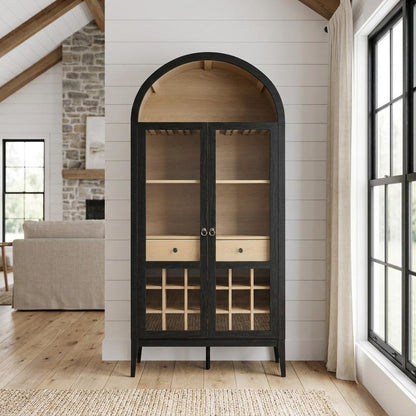 Wooden Tall Bar Cabinet with Arched Doors and Liquor Storage, Black Oak
