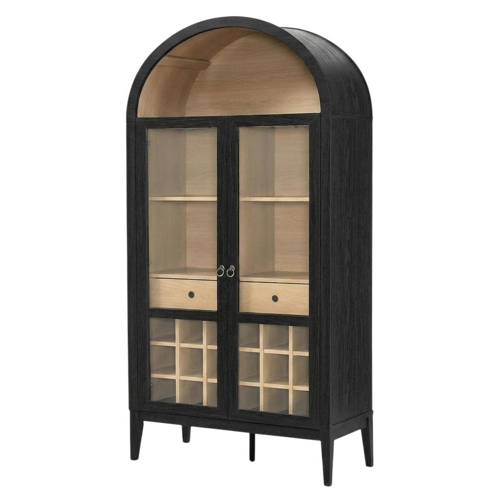 Wooden Tall Bar Cabinet with Arched Doors and Liquor Storage, Black Oak