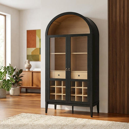 Wooden Tall Bar Cabinet with Arched Doors and Liquor Storage, Black Oak