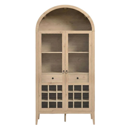 Wooden Tall Bar Cabinet with Arched Doors and Liquor Storage, Light Oak