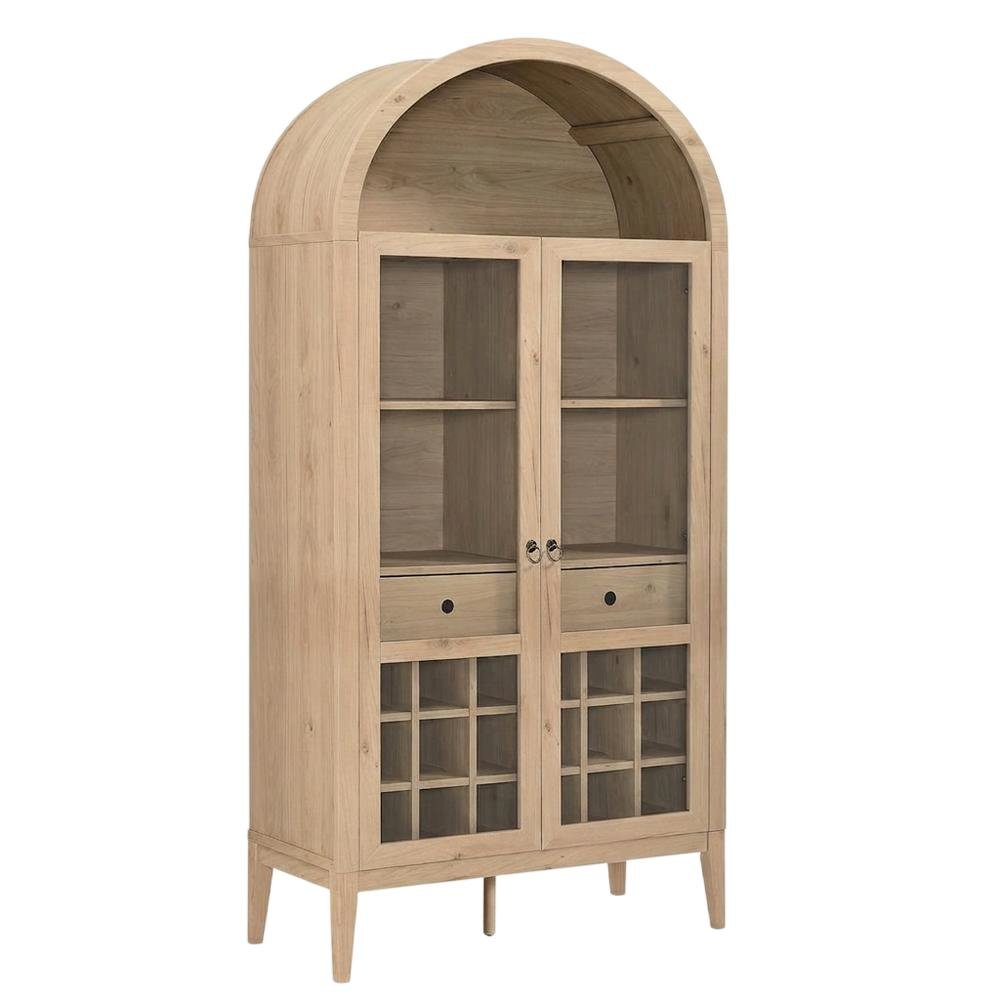 Wooden Tall Bar Cabinet with Arched Doors and Liquor Storage, Light Oak
