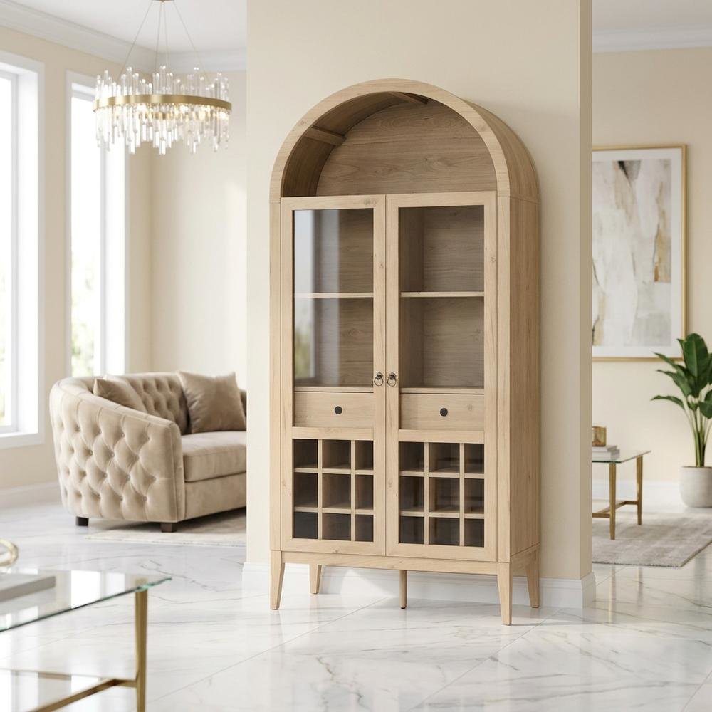 Wooden Tall Bar Cabinet with Arched Doors and Liquor Storage, Light Oak