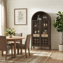 Wood Bar Cabinet with Arched Door and Wine Storage, Walnut Light Oak