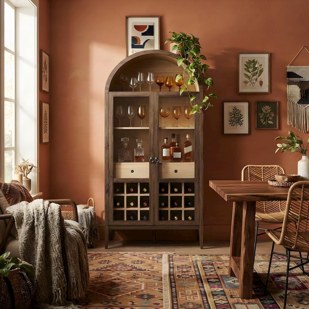 Wood Bar Cabinet with Arched Door and Wine Storage, Walnut Light Oak