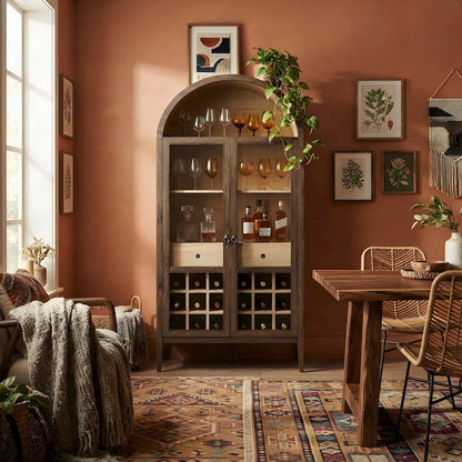 Wood Bar Cabinet with Arched Door and Wine Storage, Walnut Light Oak