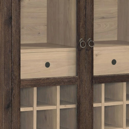Wood Bar Cabinet with Arched Door and Wine Storage, Walnut Light Oak