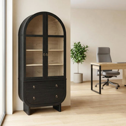 Wooden Arched Display Cabinet, Tall Curio with Storage, Black Light Oak