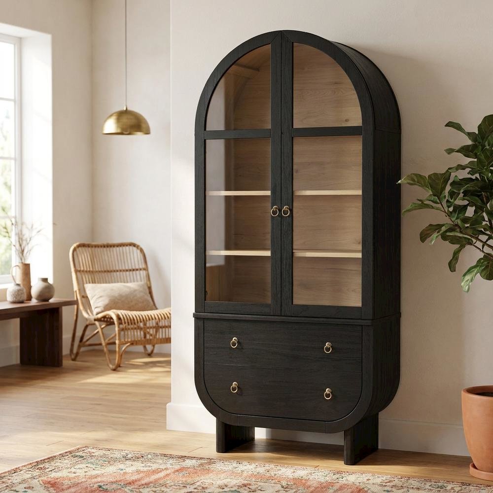 Wooden Arched Display Cabinet, Tall Curio with Storage, Black Light Oak