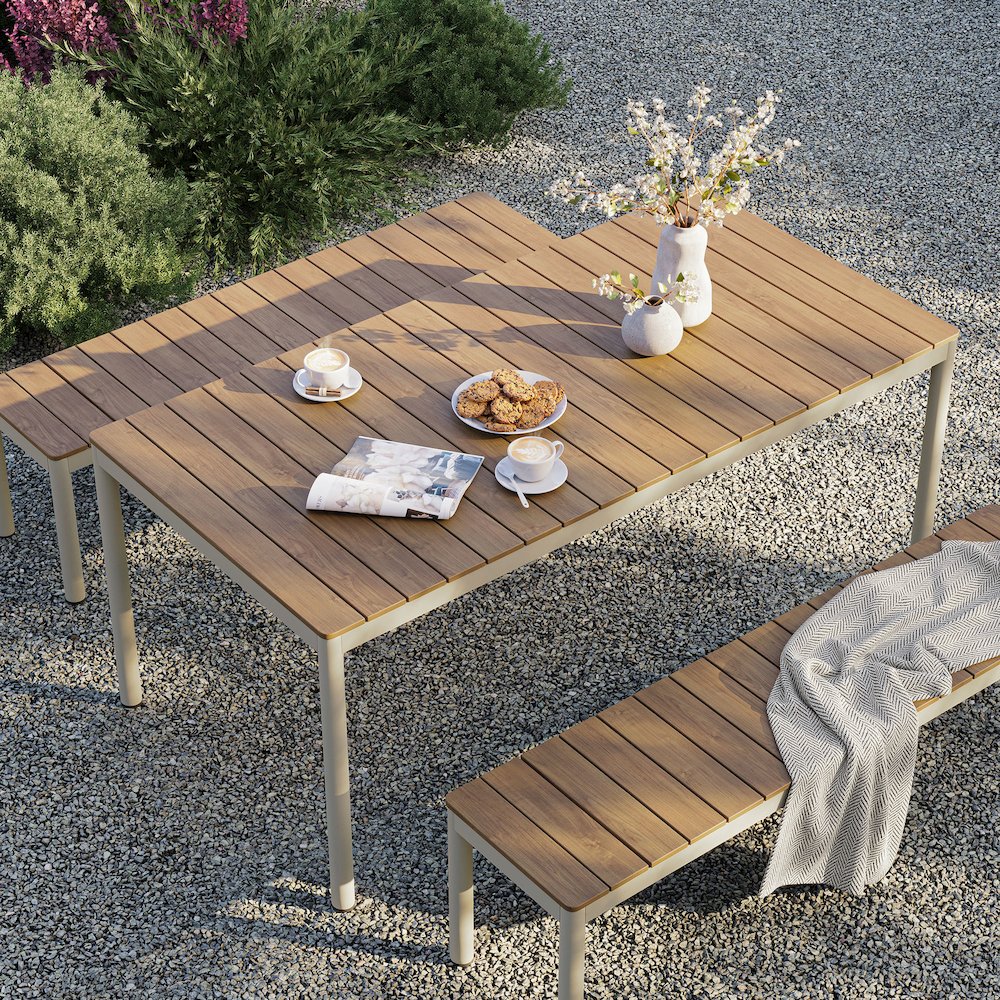 Finn Outdoor Patio Aluminum Faux Wood Dining Set with Benches