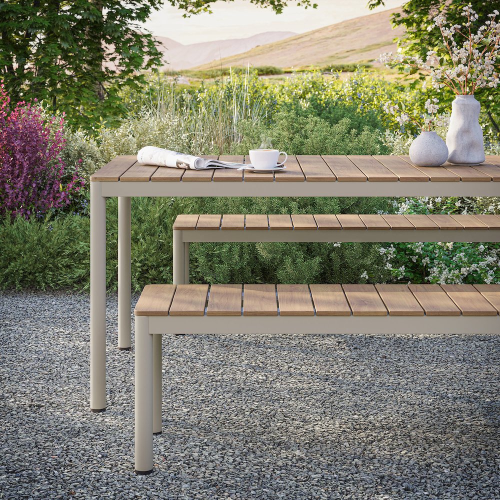 Finn Outdoor Patio Aluminum Faux Wood Dining Set with Benches
