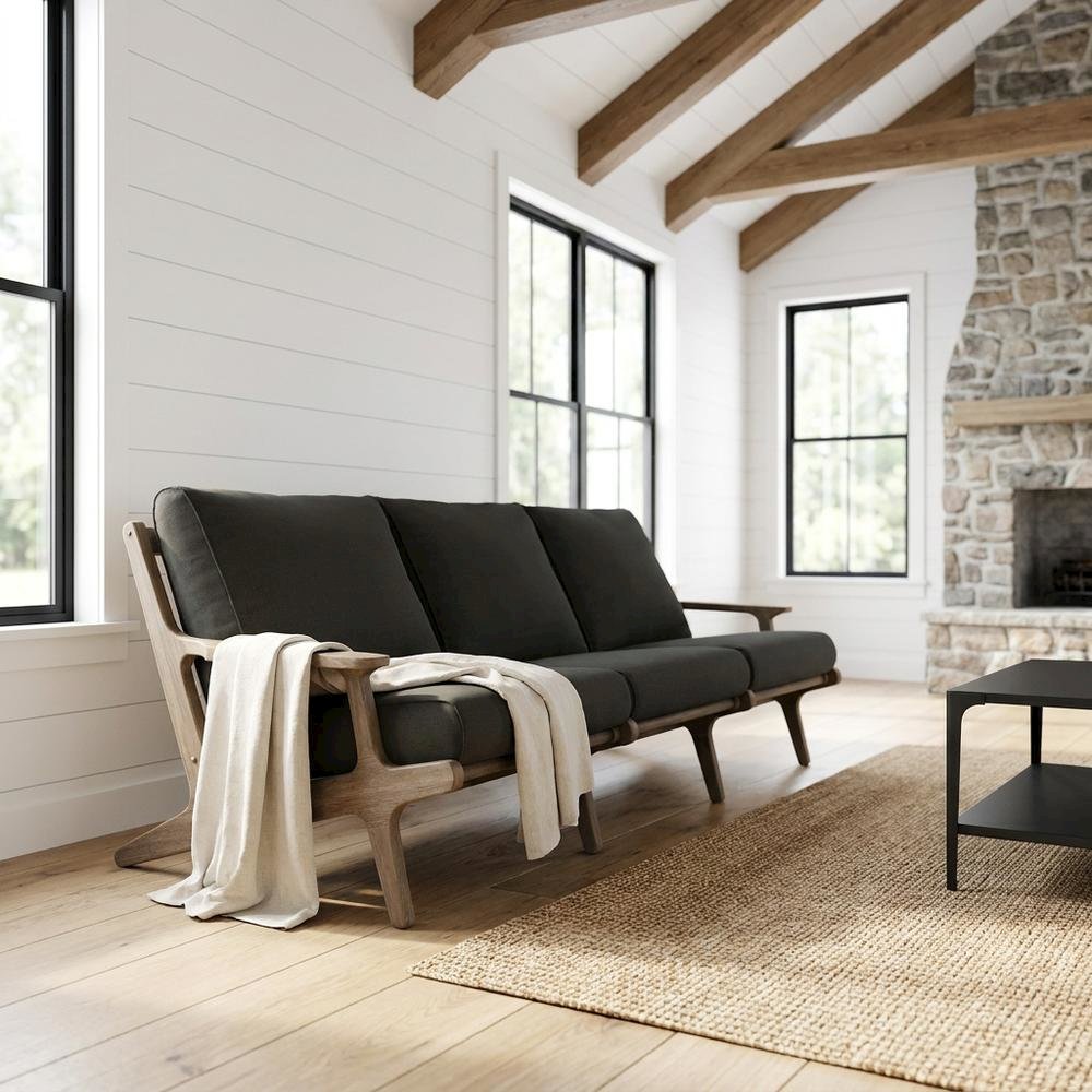 Teak Outdoor Sofa with High-Back Armrests for Patio, Deck or Porch, Flint Gray