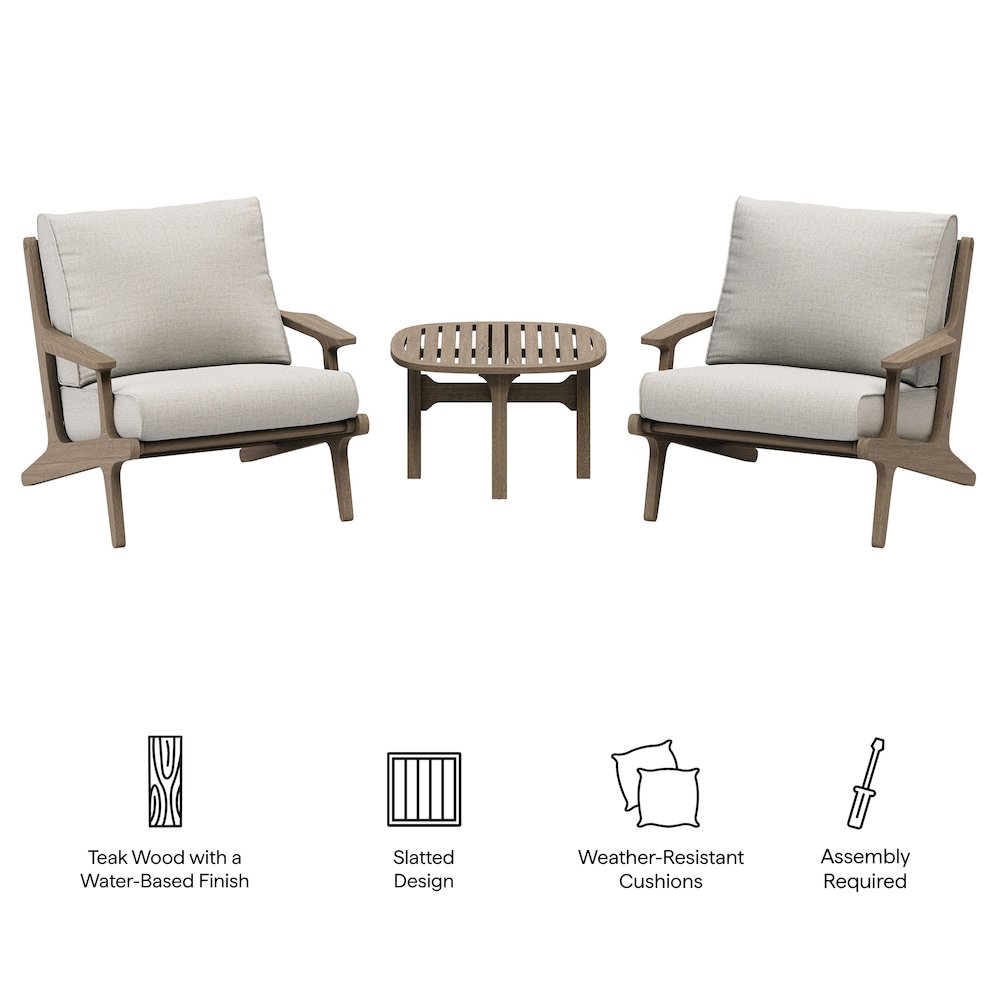 Saratoga 3-Piece Patio Teak Wood Furniture Set Lounge Chairs, Side Table