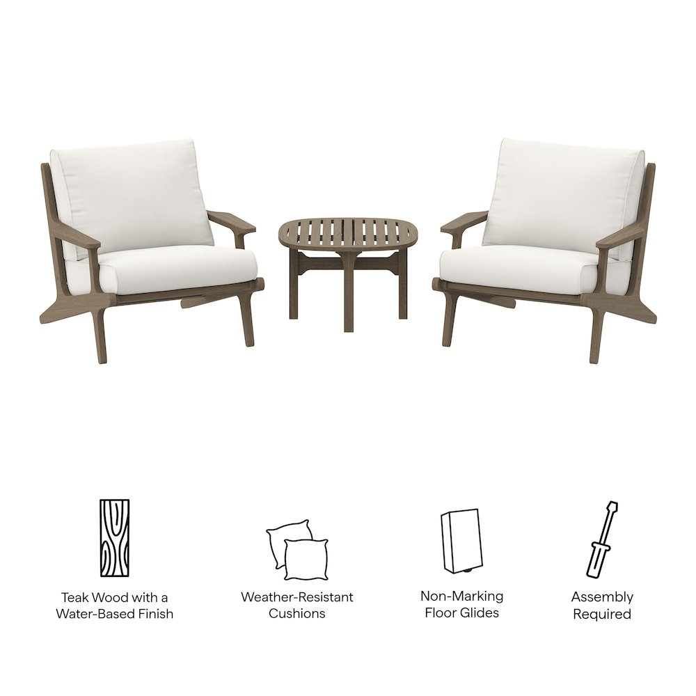 3-Piece Outdoor Patio Teak Wood Furniture Set with Lounge Chairs and Side Table