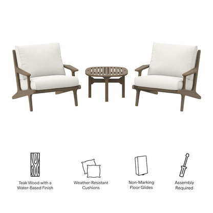 3-Piece Outdoor Patio Teak Wood Furniture Set with Lounge Chairs and Side Table