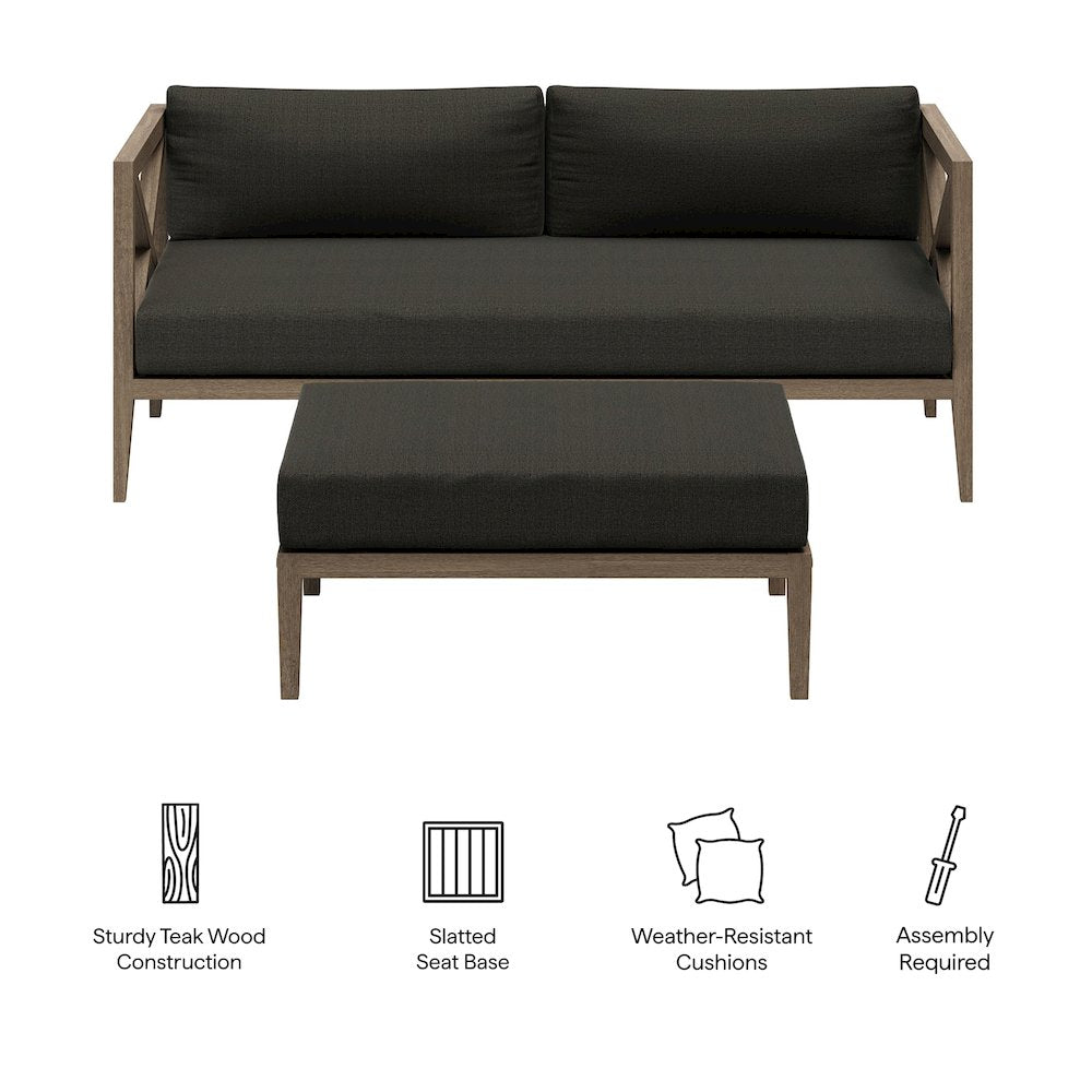 Northlake Outdoor Patio Teak Wood Loveseat and Ottoman Set