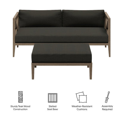 Northlake Outdoor Patio Teak Wood Loveseat and Ottoman Set