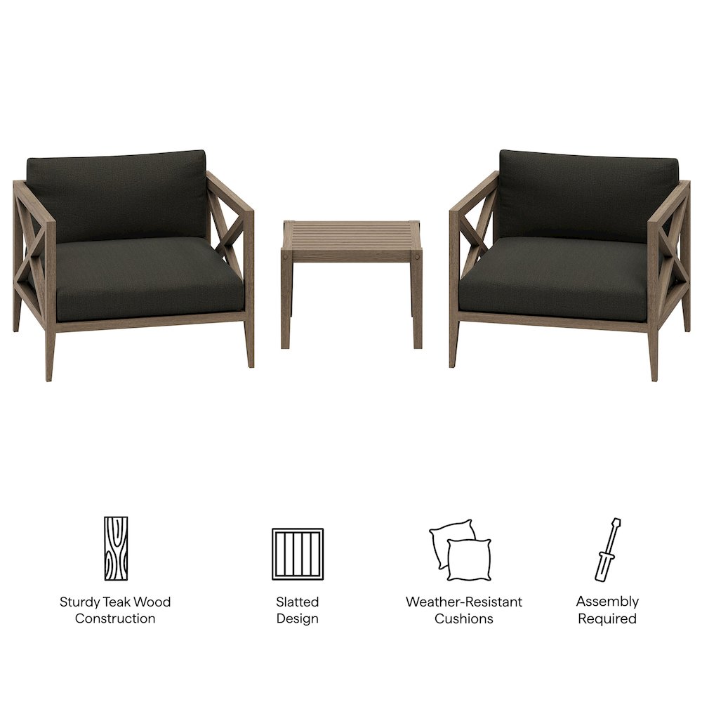 Northlake 3-Piece Patio Teak Wood Furniture Set Armchair, Side Table