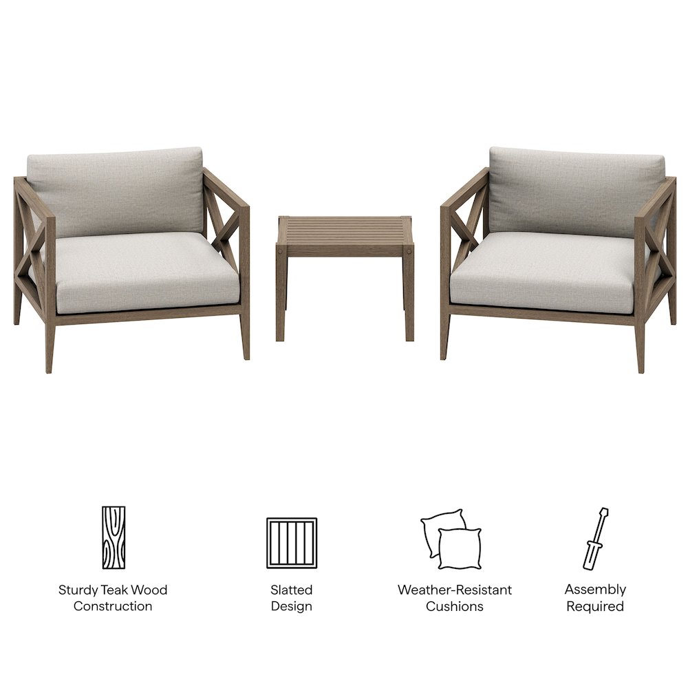 Northlake 3-Piece Patio Teak Wood Furniture Set Armchair, Side Table