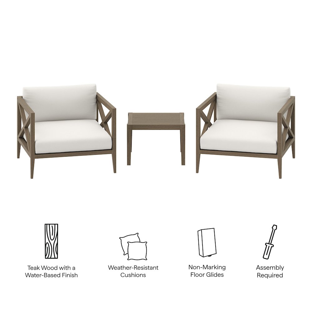 3-Piece Outdoor Patio Teak Wood Furniture Set with Armchair and Side Table
