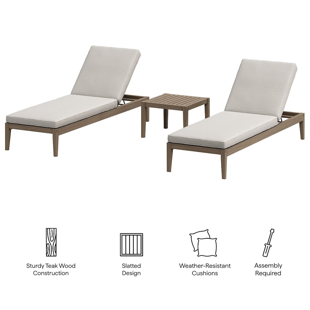Northlake 3-Piece Patio Teak Wood Furniture Set Chaise Lounges, Side Table