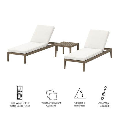 3-Piece Outdoor Patio Teak Wood Furniture Set with Chaise Lounges and Side Table