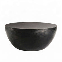 Hammered Metal Round Drum Coffee Table, Small Modern Circle Center Table, Black