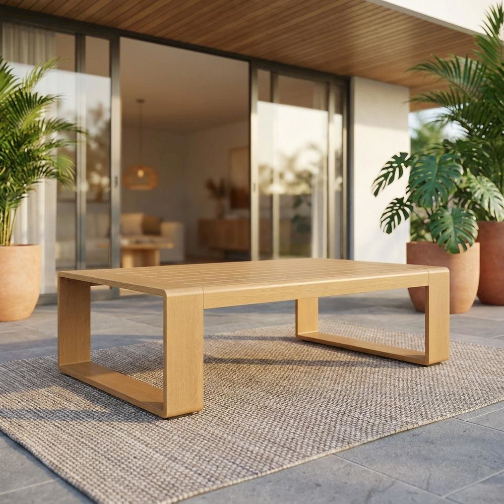 Aluminum Faux Wood Rectangular Patio Coffee Table for Deck and Porch, Natural