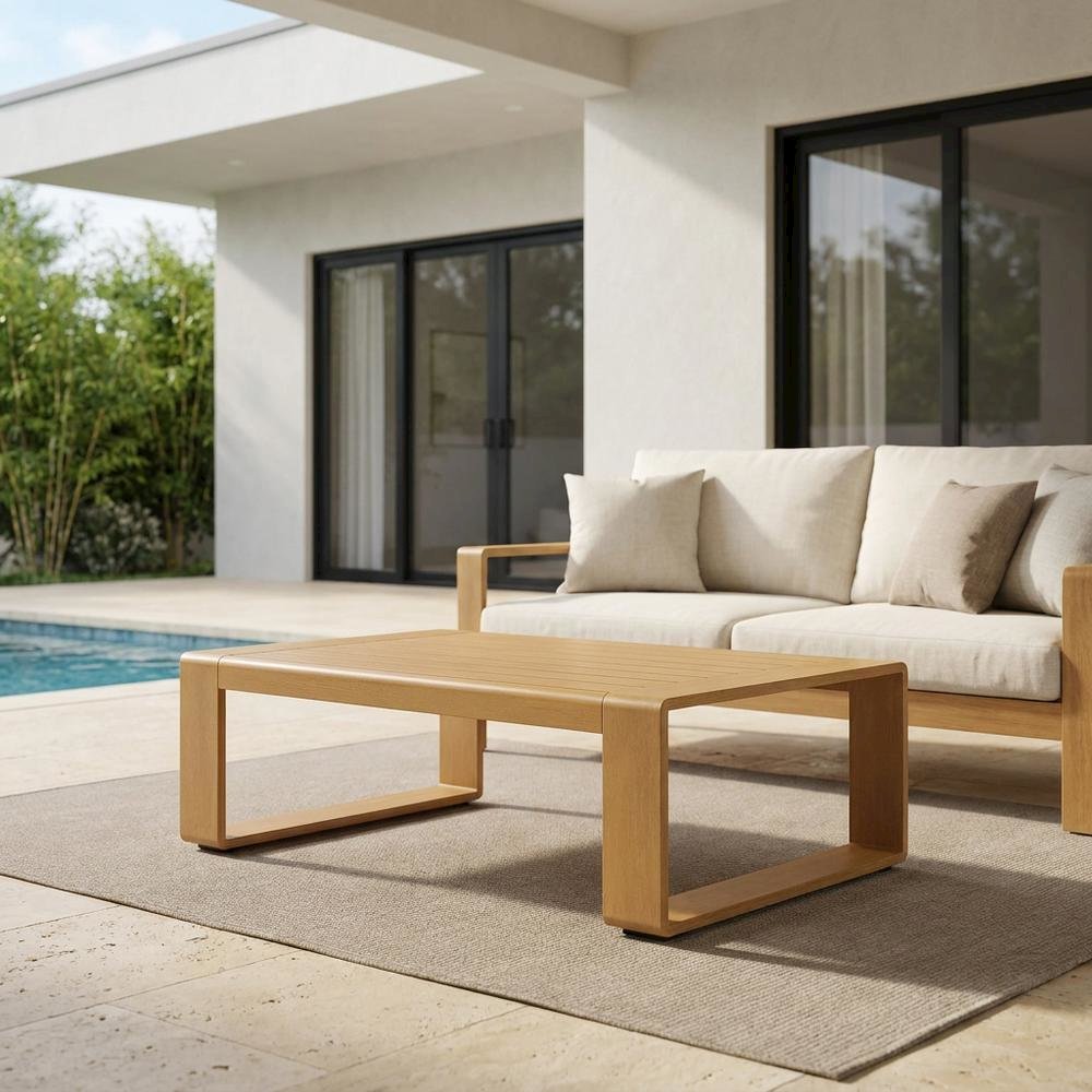 Aluminum Faux Wood Rectangular Patio Coffee Table for Deck and Porch, Natural