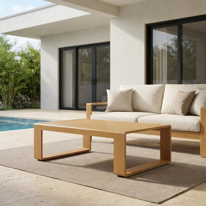 Aluminum Faux Wood Rectangular Patio Coffee Table for Deck and Porch, Natural