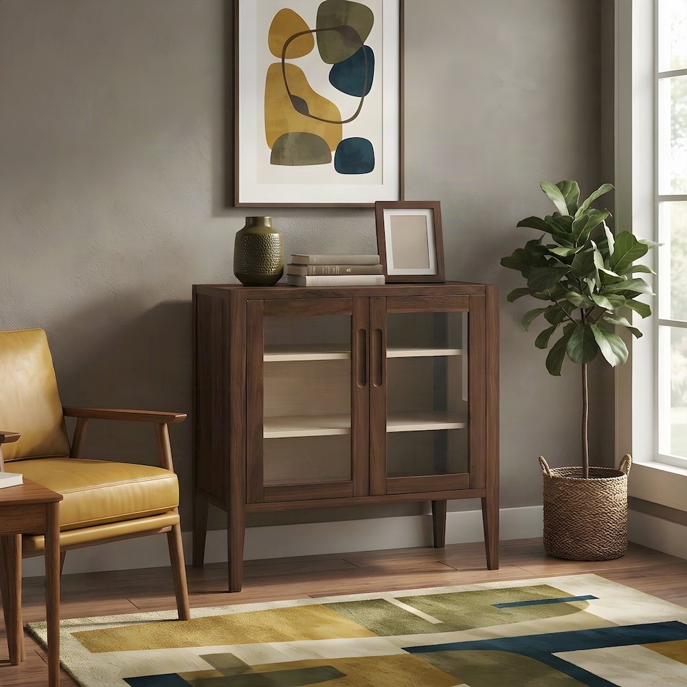 Home Office Credenza Storage Cabinet with Adjustable Shelf and Doors, Walnut