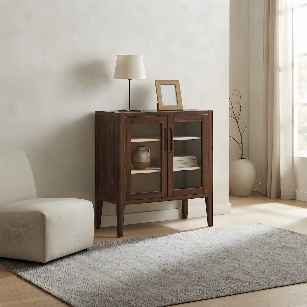 Home Office Credenza Storage Cabinet with Adjustable Shelf and Doors, Walnut