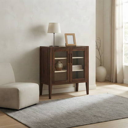 Home Office Credenza Storage Cabinet with Adjustable Shelf and Doors, Walnut