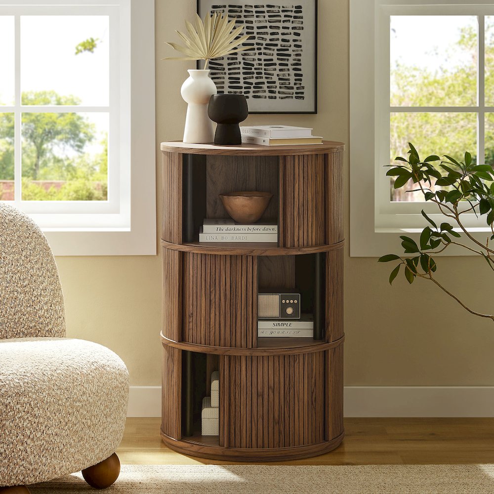 Clement Round Pedestal Stand Storage Table With Sliding Tambour Doors