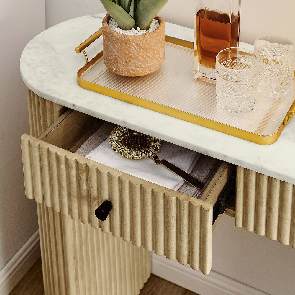 Caldera 42" Curved Solid Wood and Marble Console Table
